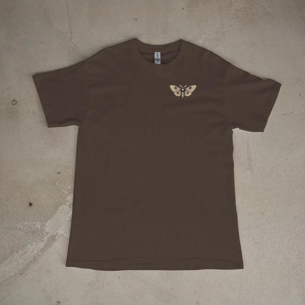 Front of a Espresso tee laid flat, with the small Nocturne logo on the left chest.