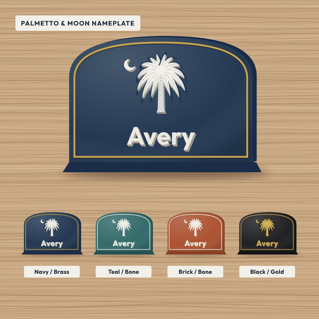 Palmetto and moon nameplate shown in navy, teal, brick and black color options