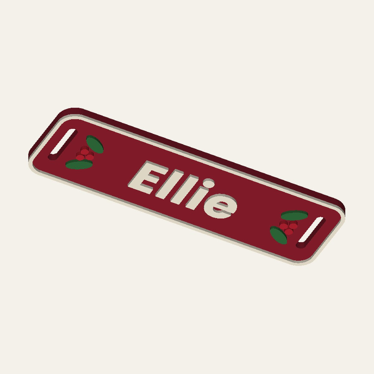 Render of a red stocking name tag reading Ellie with holly leaves and berries