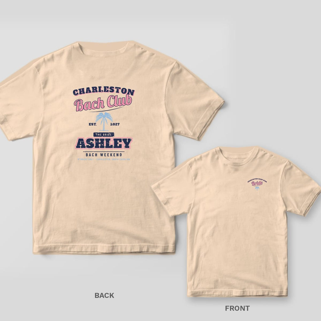 Ivory Comfort Colors tee showing the Charleston Bach Club back print with ASHLEY in navy varsity letters, plus an inset of the small Bride chest print.