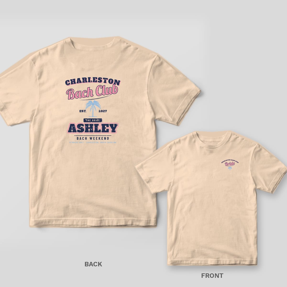 Ivory Comfort Colors tee showing the Charleston Bach Club back print with ASHLEY in navy varsity letters, plus an inset of the small Bride chest print.
