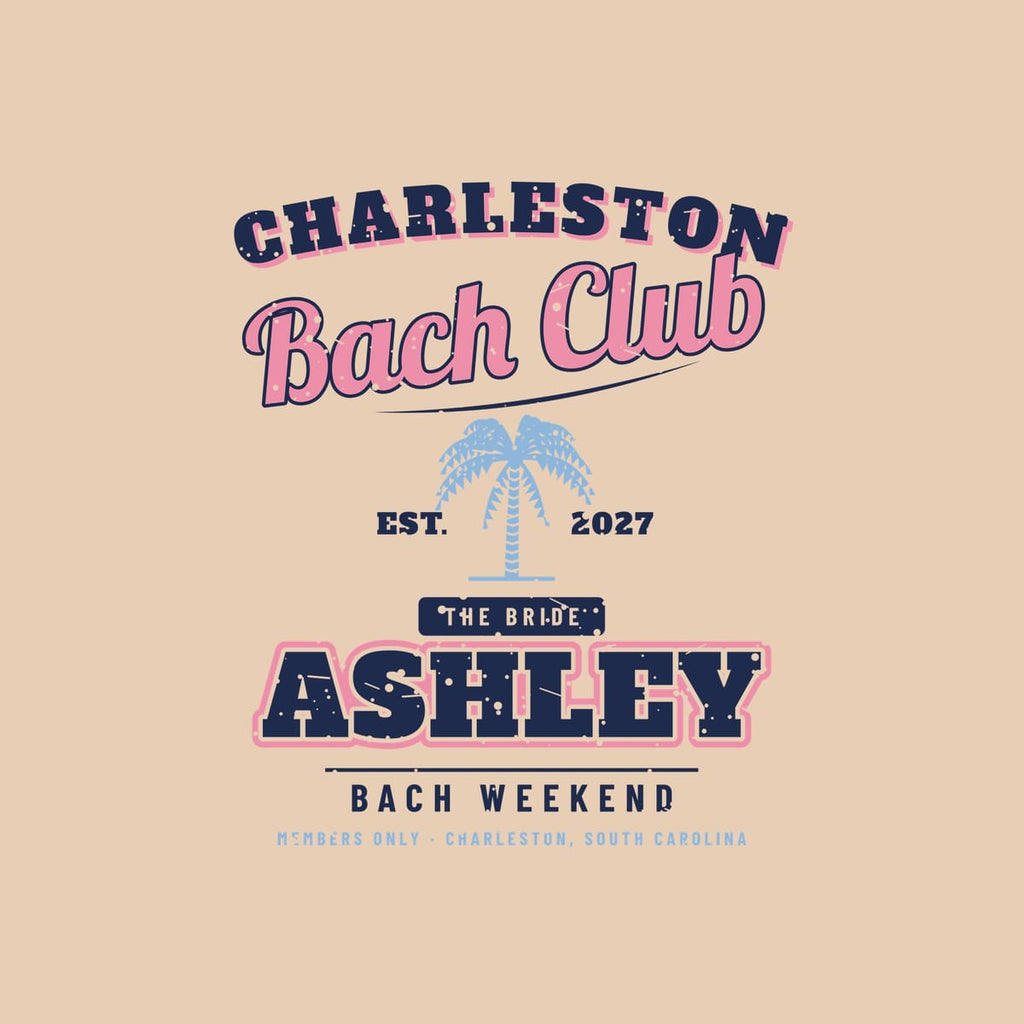 Close-up of the Charleston Bach Club back artwork showing the varsity lettering, light blue palmetto and vintage speckled print texture.