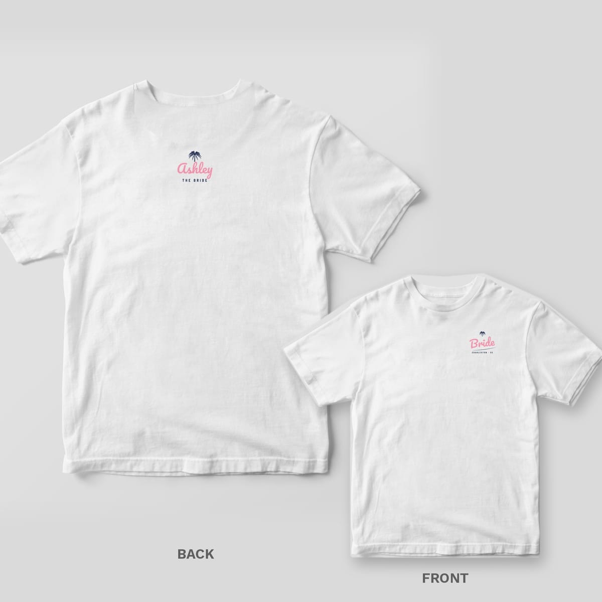 White Comfort Colors tee with a small pink script Ashley name print below the collar on the back, plus an inset of the Bride script chest print.