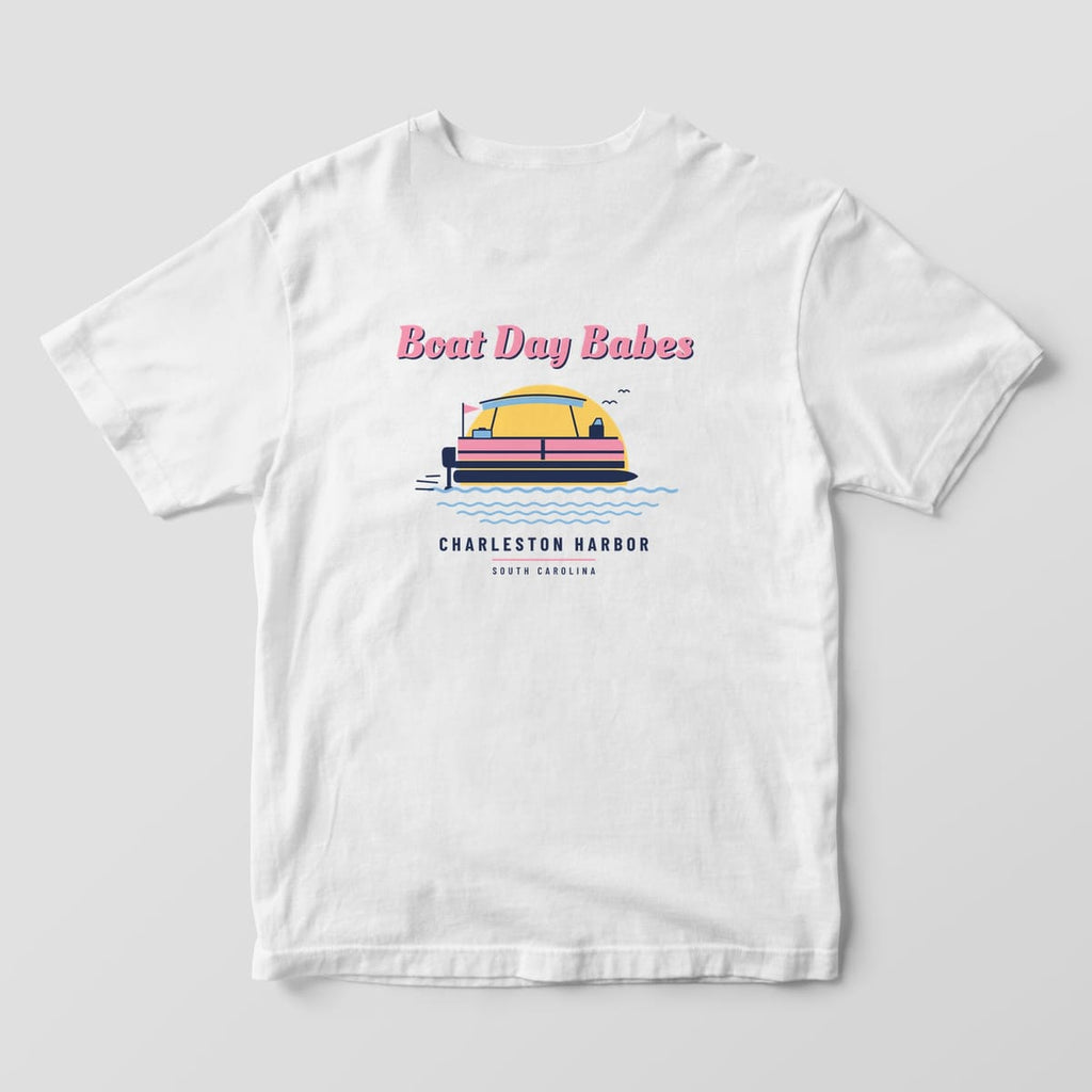 Back of a white Comfort Colors 1717 tee with the Boat Day Babes pontoon boat illustration and Charleston Harbor, South Carolina lettering.