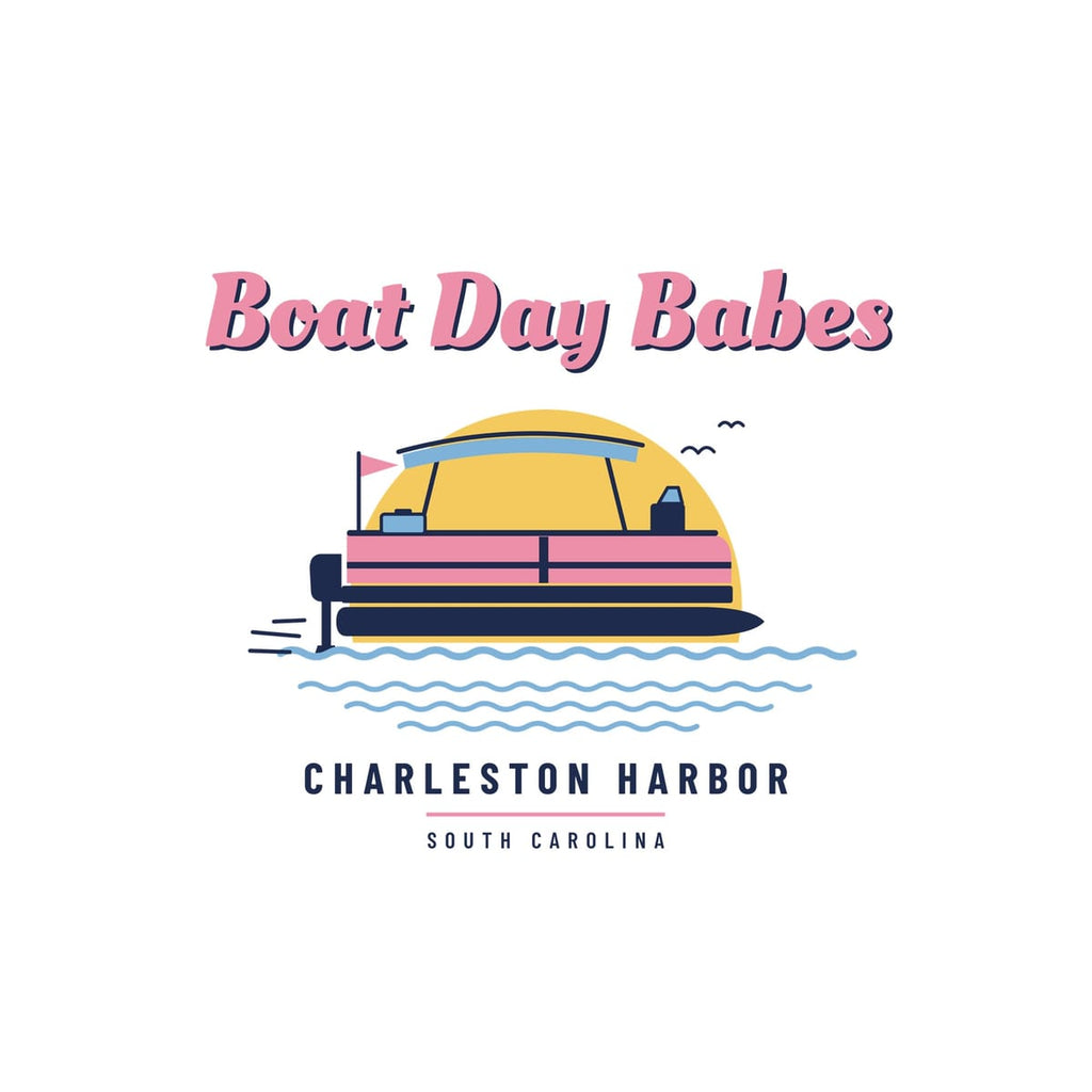 Close-up of the Boat Day Babes artwork: pontoon boat with canopy, cooler, pennant flag and outboard motor over light blue waves.