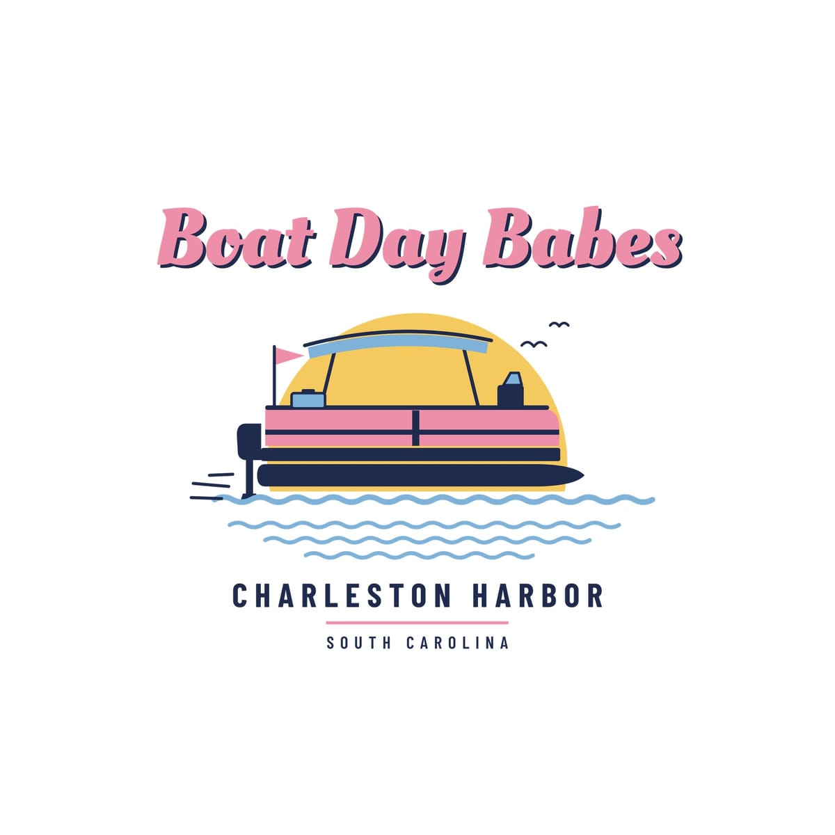 Close-up of the Boat Day Babes artwork: pontoon boat with canopy, cooler, pennant flag and outboard motor over light blue waves.