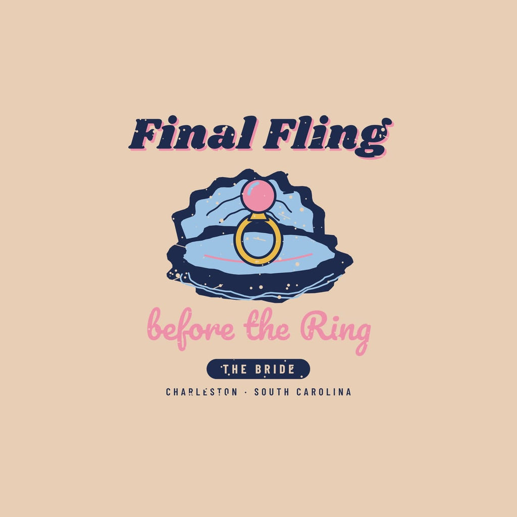 Close-up of the Final Fling artwork: rough navy oyster shell, pale blue nacre, gold band and pink pearl, with speckled print texture.