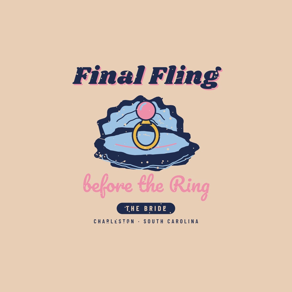 Close-up of the Final Fling artwork: rough navy oyster shell, pale blue nacre, gold band and pink pearl, with speckled print texture.