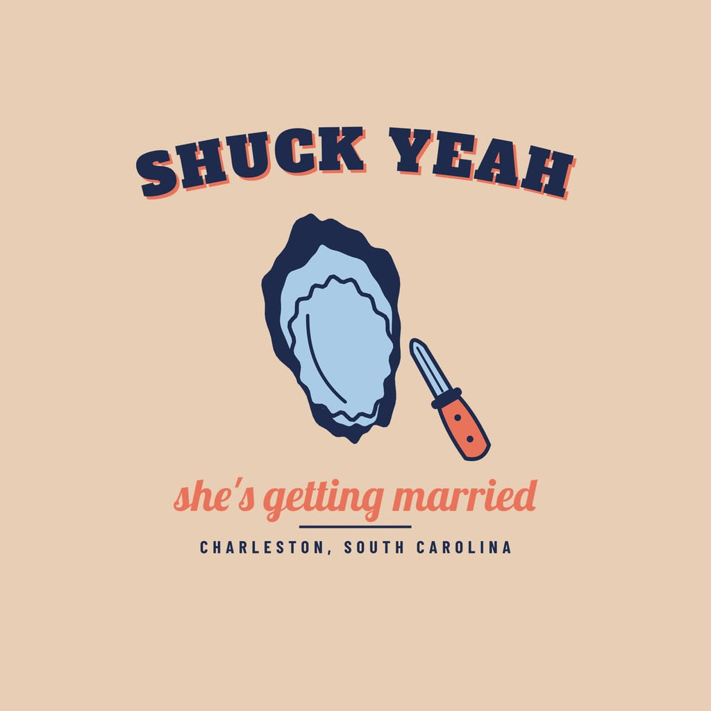 Close-up of the Shuck Yeah artwork: rough oyster half shell with ruffled meat and a stubby oyster knife with riveted handle.
