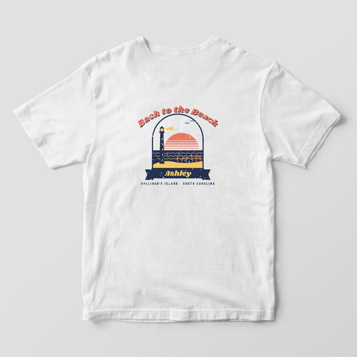 Back of a white Comfort Colors 1717 tee: coral Bach to the Beach arched over a beach scene with striped sun, navy ocean, dune, sea oats and lighthouse, name ribbon below.