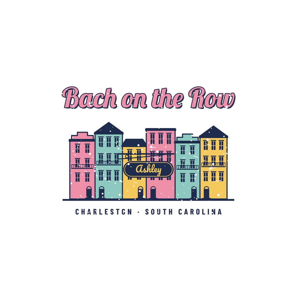 Close-up of the Bach on the Row artwork: stepped parapets, gables, iron balconies, shuttered windows and the hanging name sign.