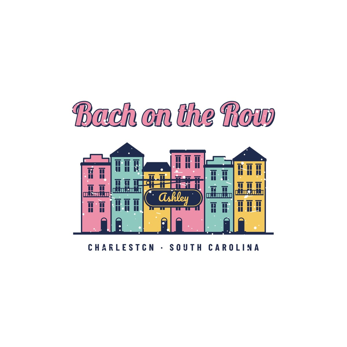 Close-up of the Bach on the Row artwork: stepped parapets, gables, iron balconies, shuttered windows and the hanging name sign.