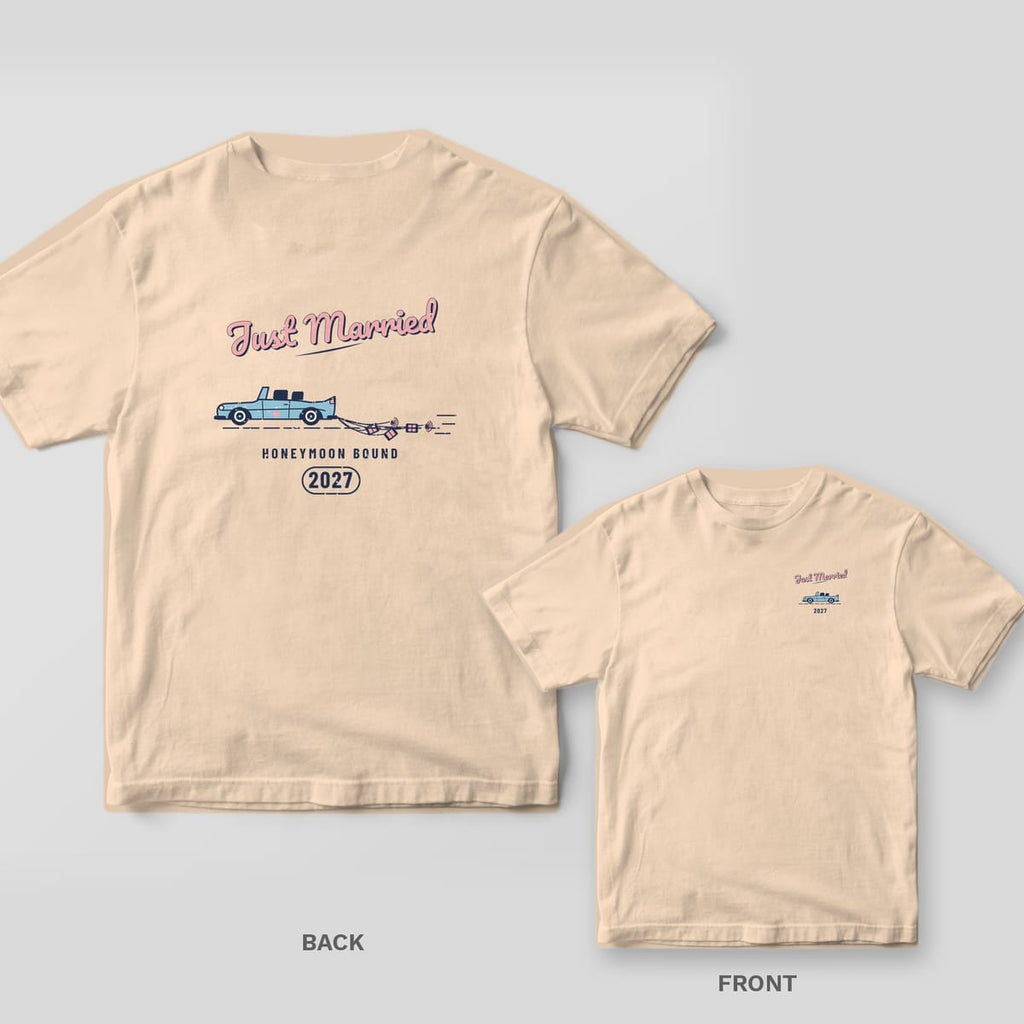 Ivory Comfort Colors tee back and front with pink Just Married script, a blue retro convertible trailing cans and the year 2027