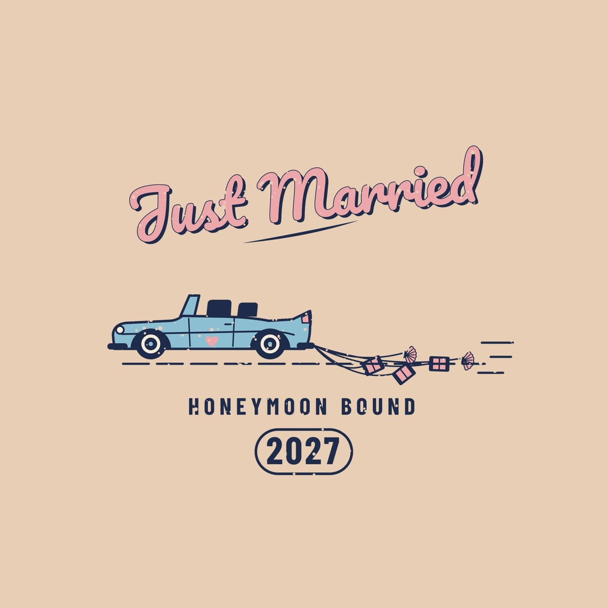 Close-up of the Just Married artwork showing the convertible, heart on the door, trailing cans and seashells