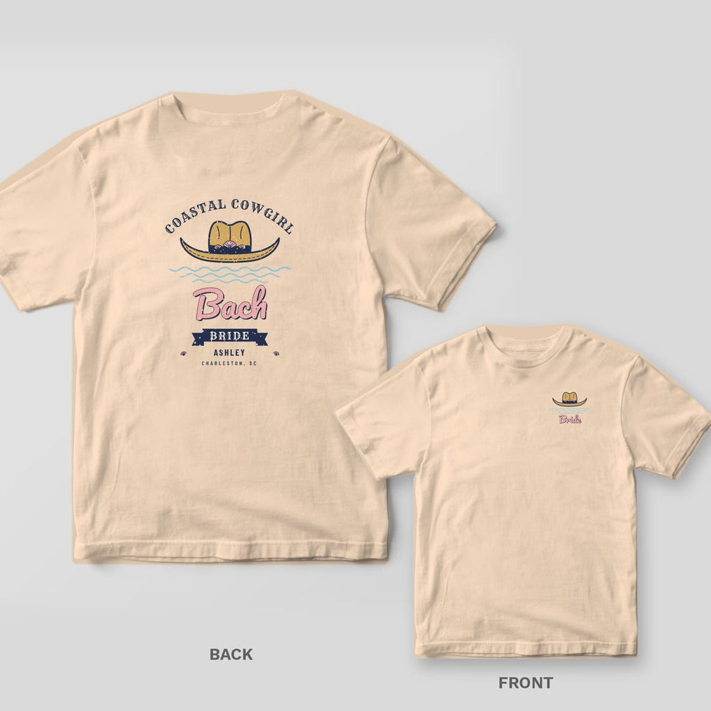 Ivory Comfort Colors tee back and front with a straw cowboy hat with pink shells, blue waves, Coastal Cowgirl Bach and a BRIDE ribbon