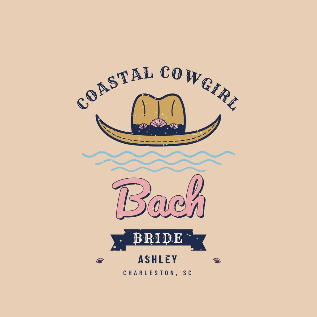 Close-up of the cowboy hat artwork with stitched brim, navy band and three pink scallop shells over wavy lines