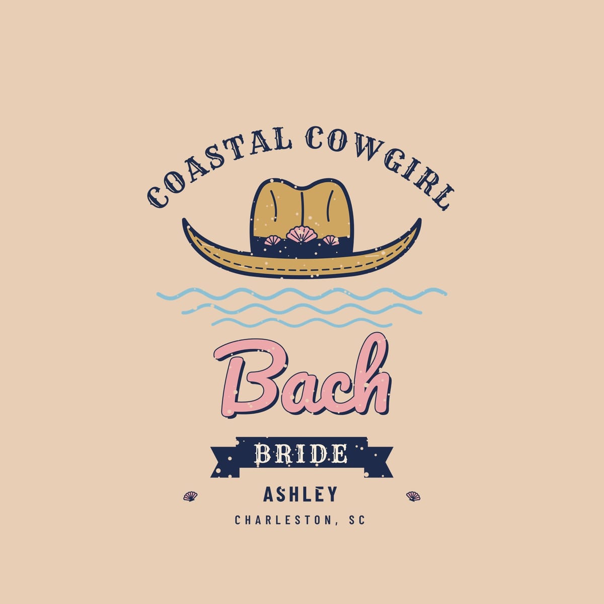 Close-up of the cowboy hat artwork with stitched brim, navy band and three pink scallop shells over wavy lines