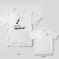 White Comfort Colors tee back and front with a navy champagne bottle popping its cork and pink and navy Sip Sip Hooray lettering