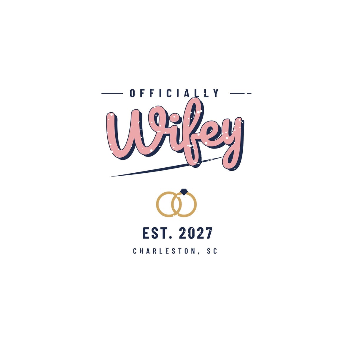 Close-up of the pink Wifey lettering with navy shadow, swoosh underline and interlocked rings with a stone