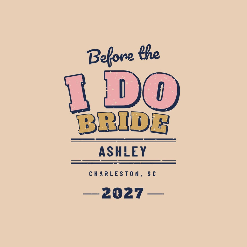 Close-up of the varsity I DO lettering with navy outline and drop shadow over gold BRIDE