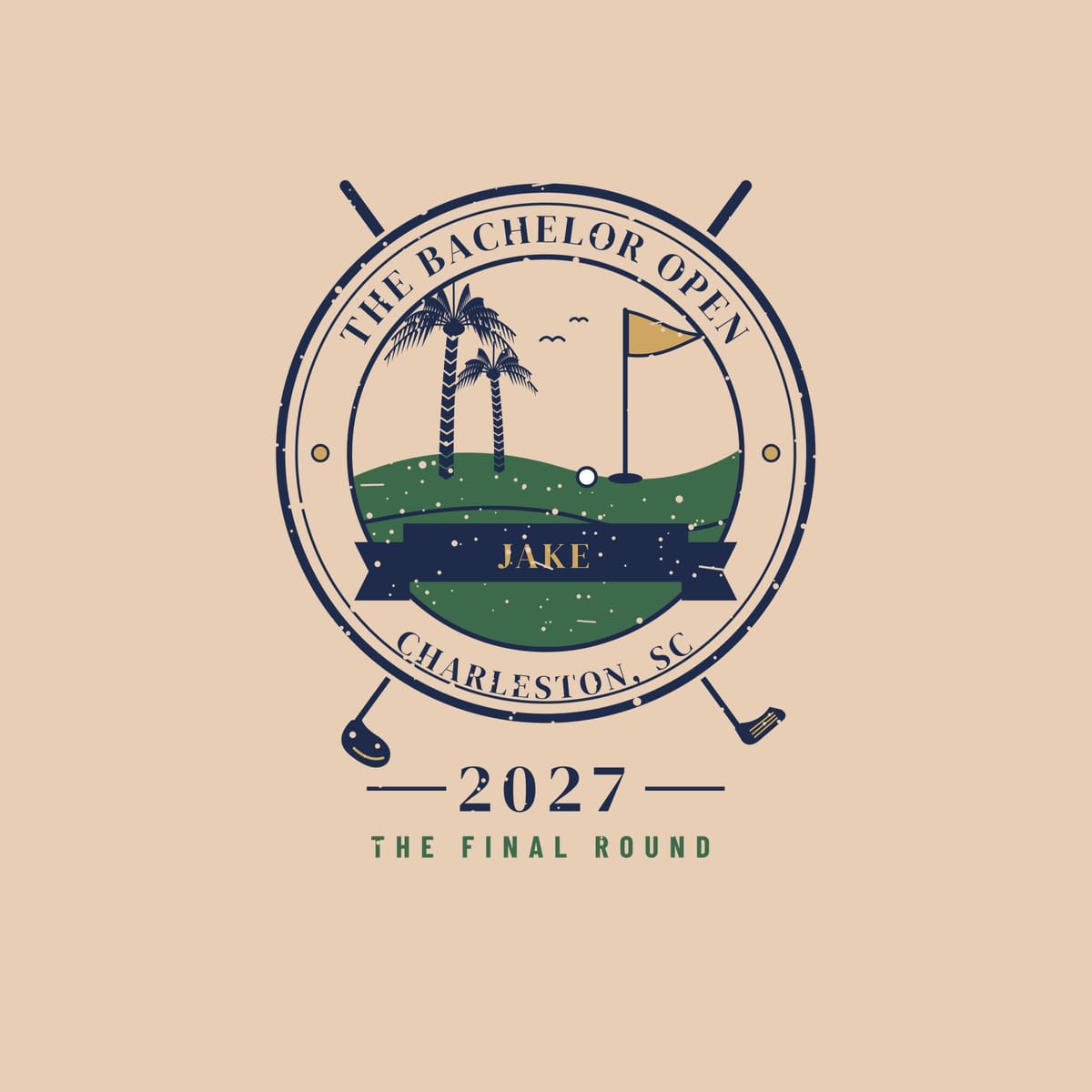 Close-up of the badge: palmetto trees on a green hill, golf ball by the cup, gold pin flag and name banner