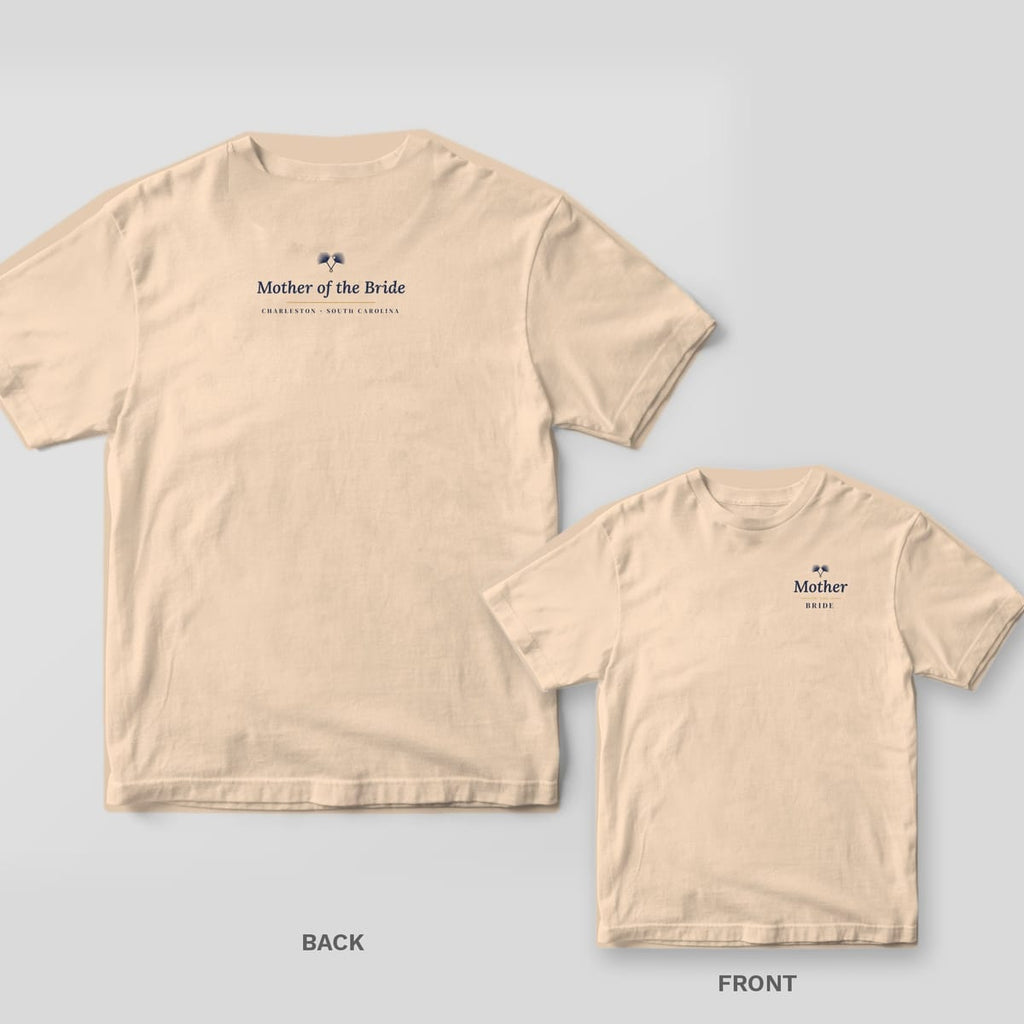 Ivory Comfort Colors tee back and front with navy Mother of the Bride lettering and crossed palmetto fronds