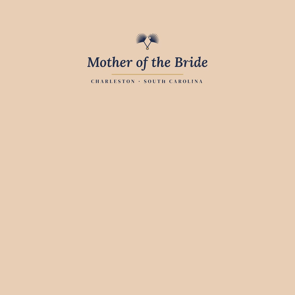Close-up of the small back print: palmetto fronds, Mother of the Bride italic and a gold rule