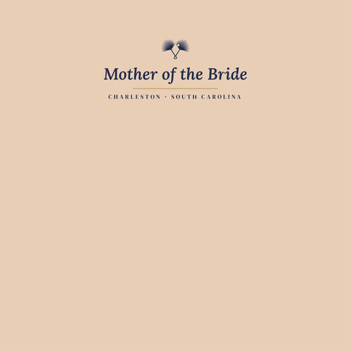 Close-up of the small back print: palmetto fronds, Mother of the Bride italic and a gold rule