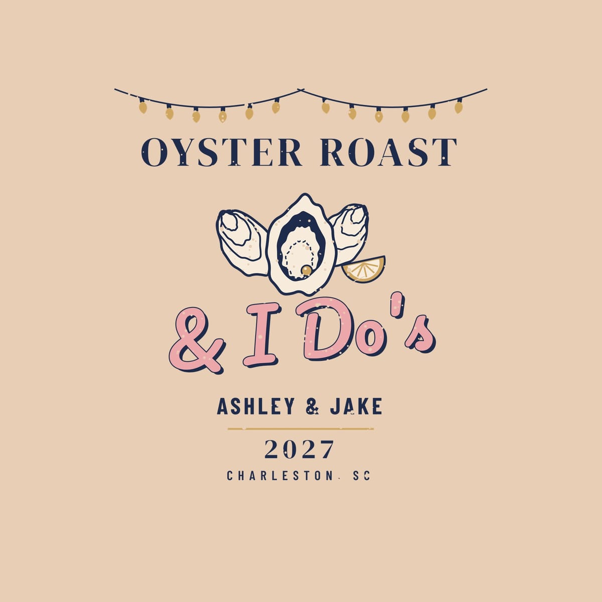 Close-up of the oyster illustration with ridged shells, a pearl in the open half shell and a lemon wedge