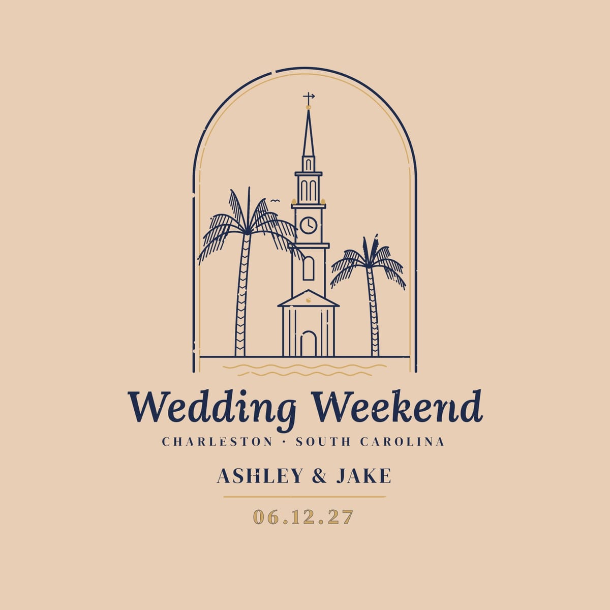 Close-up of the line art: tiered steeple with clock and weather vane, palmettos and gold harbor lines